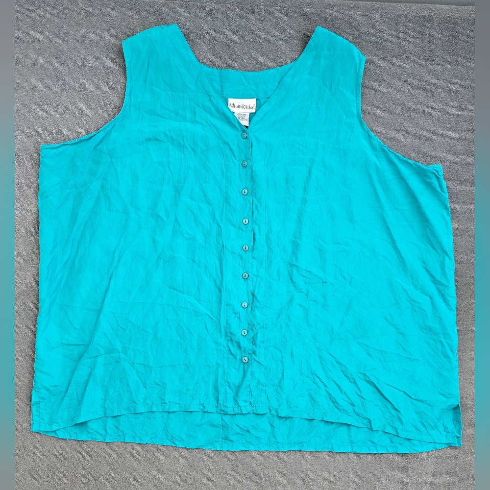 Adrian Jordan Teal Blue Blouse Top Buttons 100% Silk sz 26/28 Sleeveless V-Neck